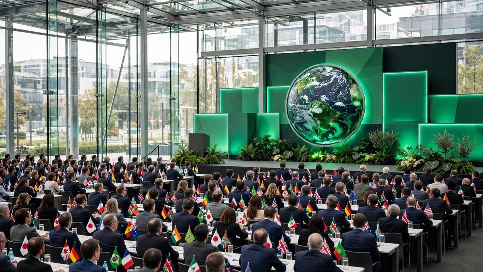 Summitul climatic 2026: sală de conferințe cu steaguri naționale și delegați la negocieri climatice