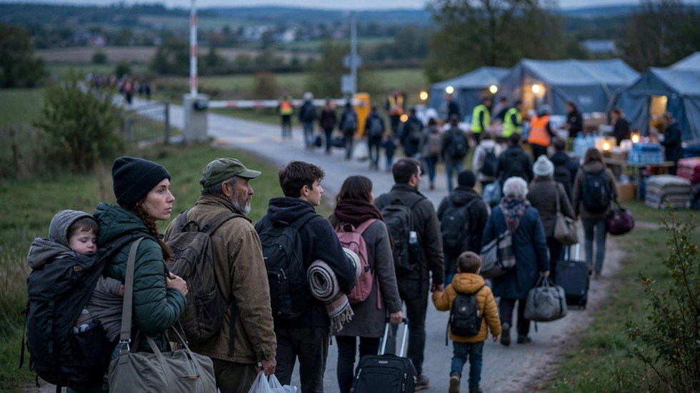 Migrația globală 2026: oameni cu bagaje îndreptându-se spre un punct de frontieră la apus