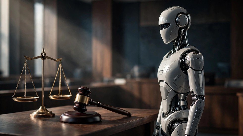 Reglementarea inteligenței artificiale: robot umanoid lângă un ciocan de judecător și balanța justiției